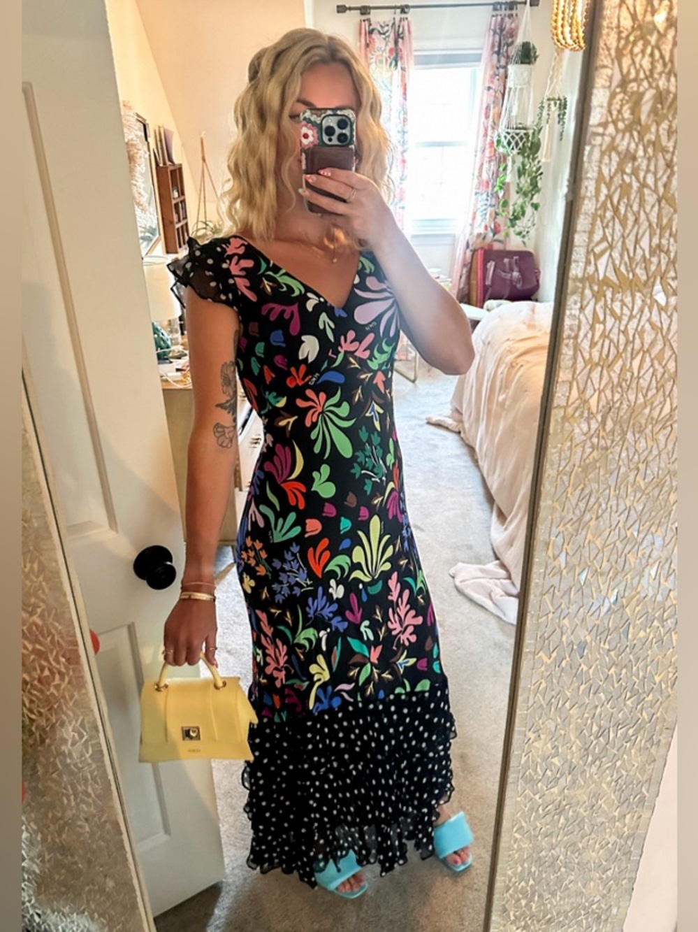 RIXO Silk Ossy Maxi Dress Ruffle Rainbow‎ Colorful Size 4